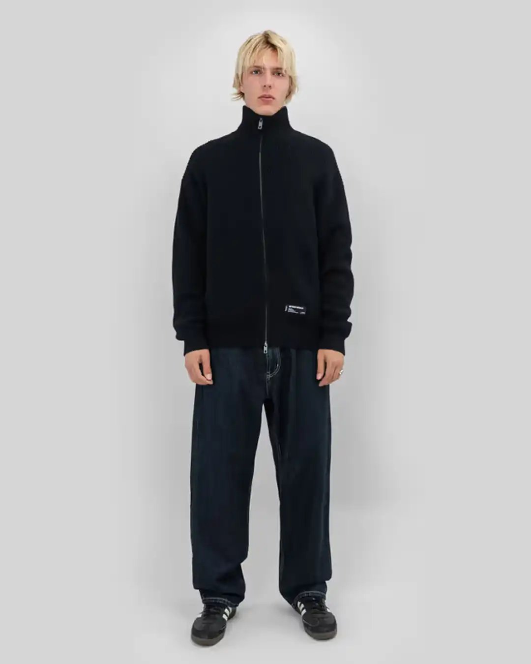 Rib Knit Fullzip Sweatshirt - Black - Image 2