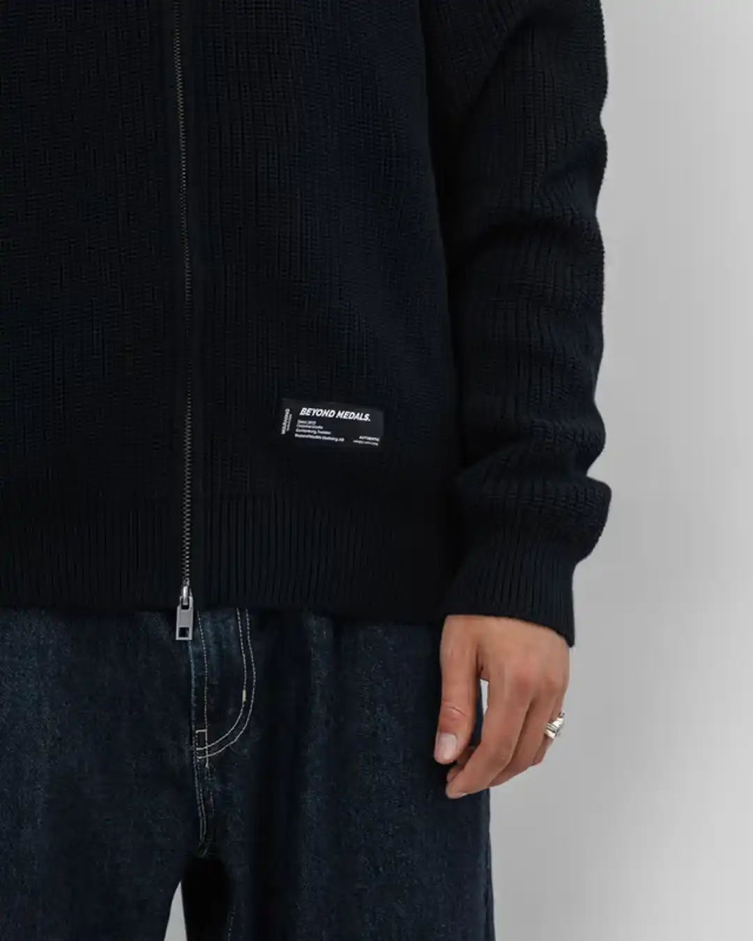 Rib Knit Fullzip Sweatshirt - Black - Image 3