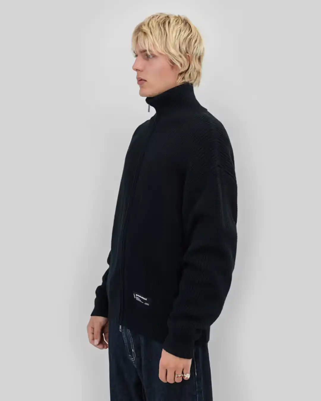 Rib Knit Fullzip Sweatshirt - Black - Image 4