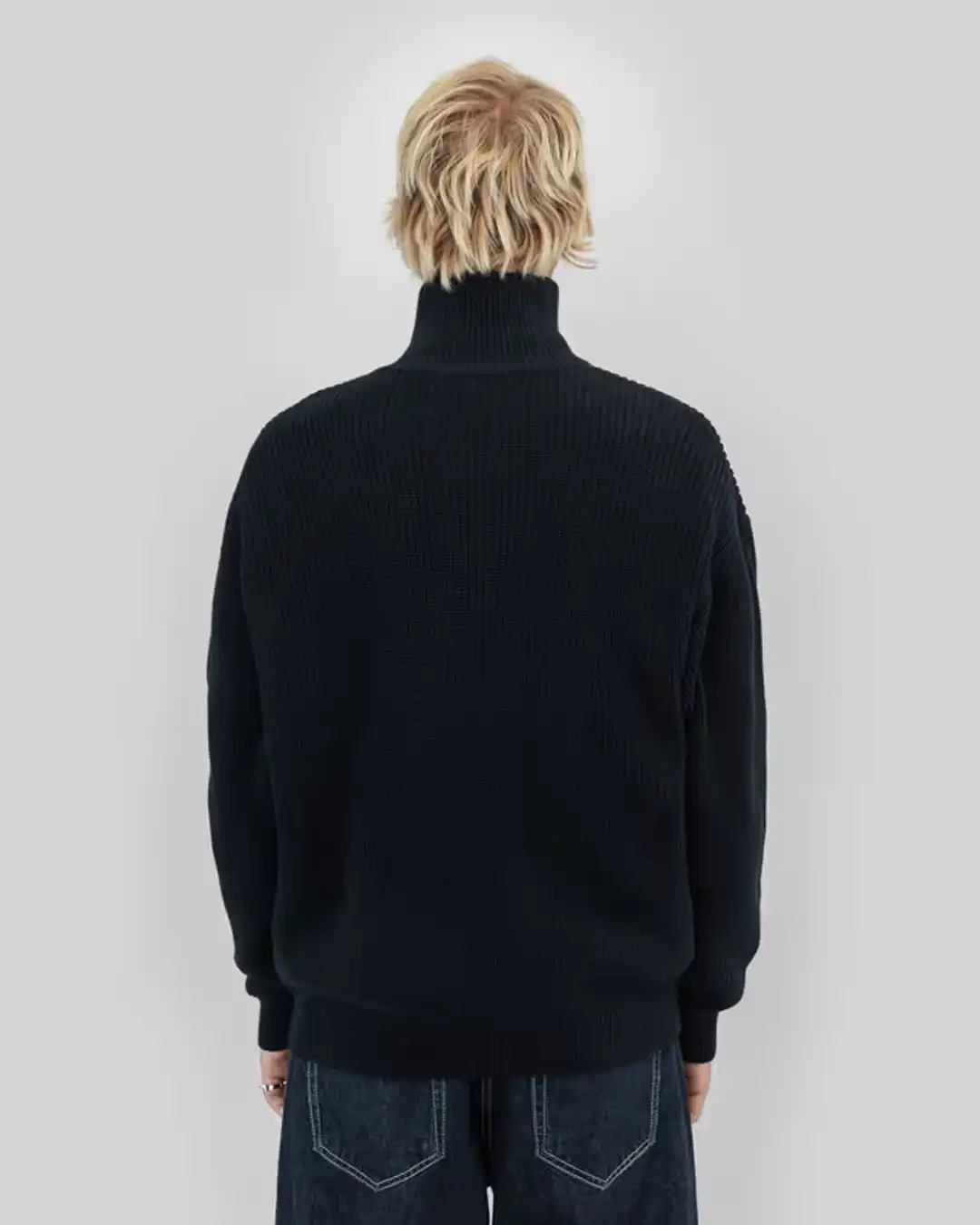 Rib Knit Fullzip Sweatshirt - Black - Image 5