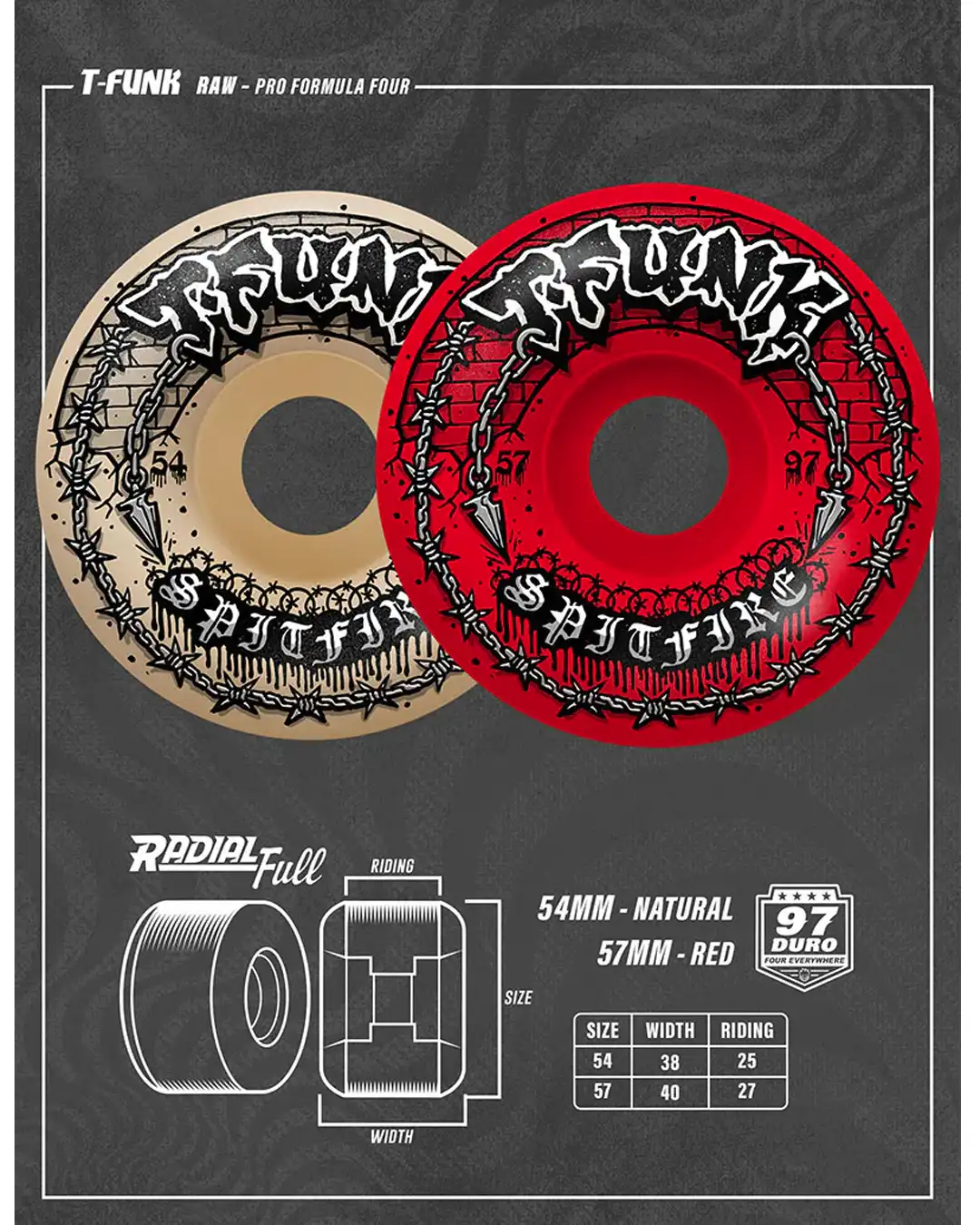 T-Funk Raw F4 99 Radial Full Skateboard Wheels - Red 57mm - Image 3