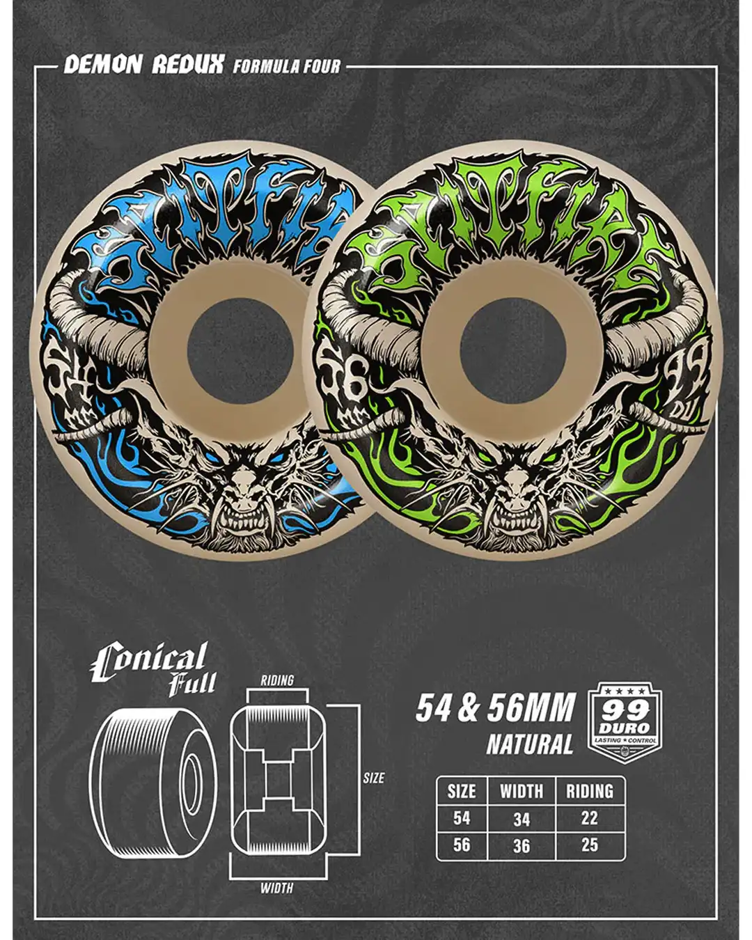 Team Demon Redux F4 99 Conical Full Skateboard Wheels - Image 3